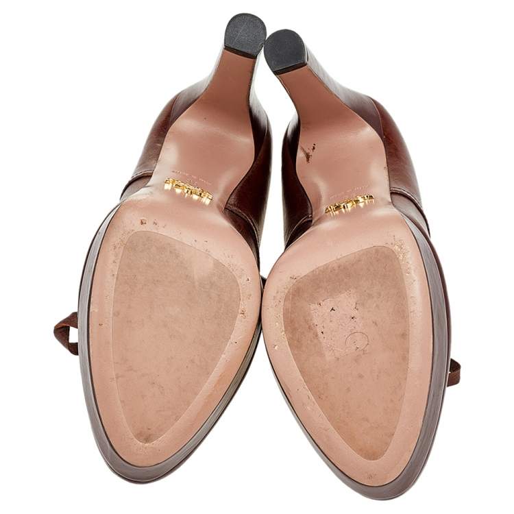 Pre Owned Prada Brown Leather Lace Up Booties Size 38