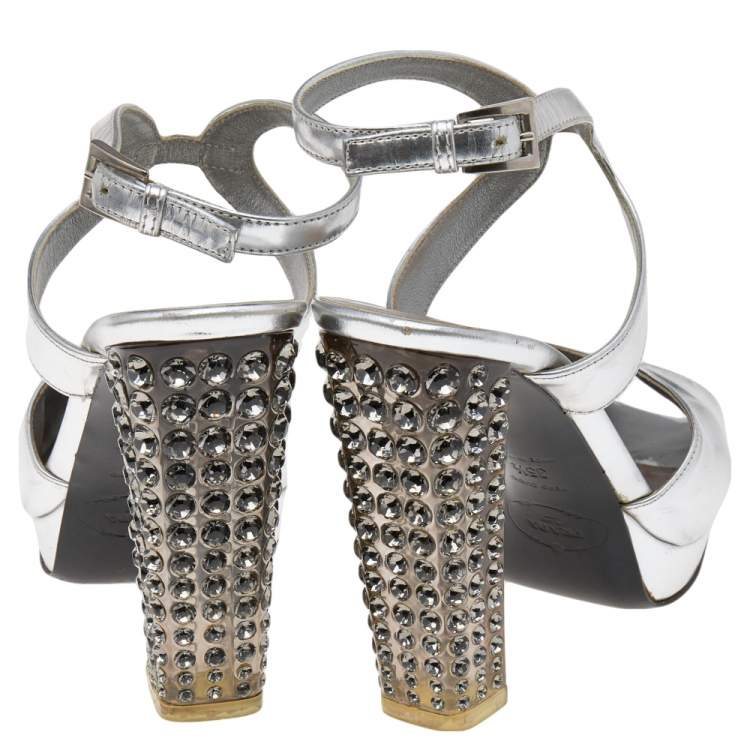 Prada Metallic Silver Leather Crystal Embellished Block Heel Platform Sandals Size 35.5