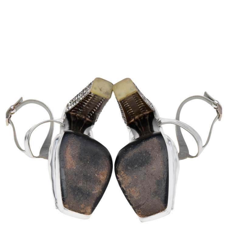 Prada Metallic Silver Leather Crystal Embellished Block Heel Platform Sandals Size 35.5