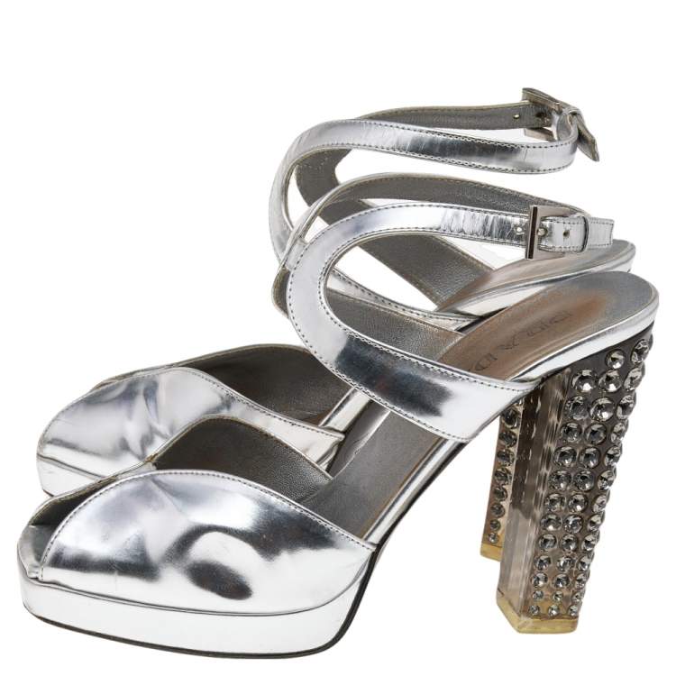 Prada Metallic Silver Leather Crystal Embellished Block Heel Platform Sandals Size 35.5