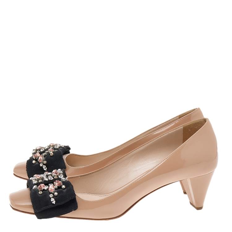 Pre Owned Prada Beige Patent Leather Embellished Square Toe Pumps Size 37