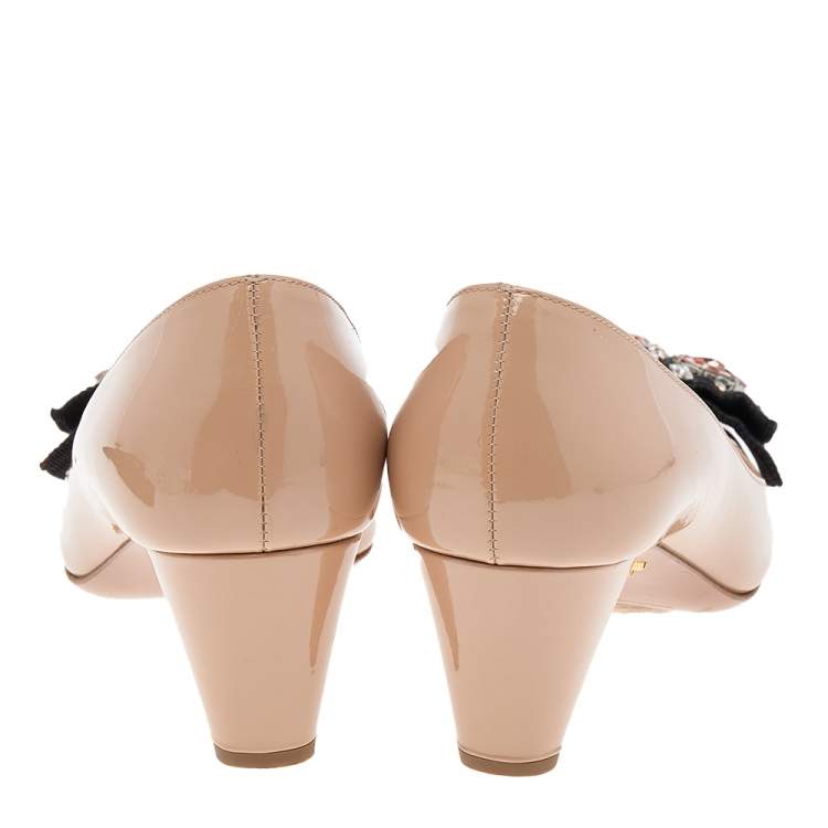 Pre Owned Prada Beige Patent Leather Embellished Square Toe Pumps Size 37