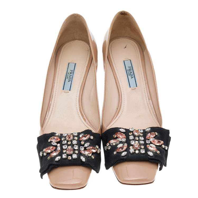 Pre Owned Prada Beige Patent Leather Embellished Square Toe Pumps Size 37