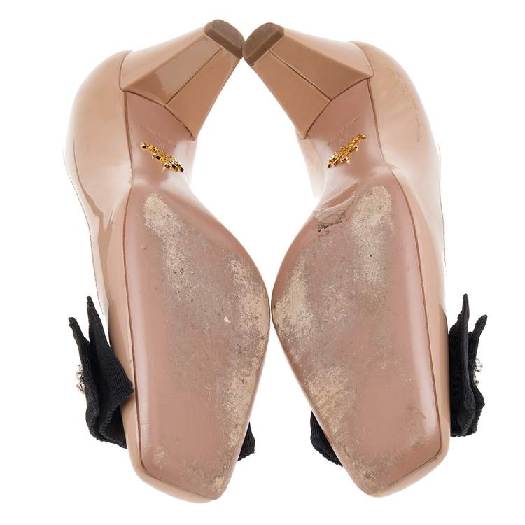 Pre Owned Prada Beige Patent Leather Embellished Square Toe Pumps Size 37