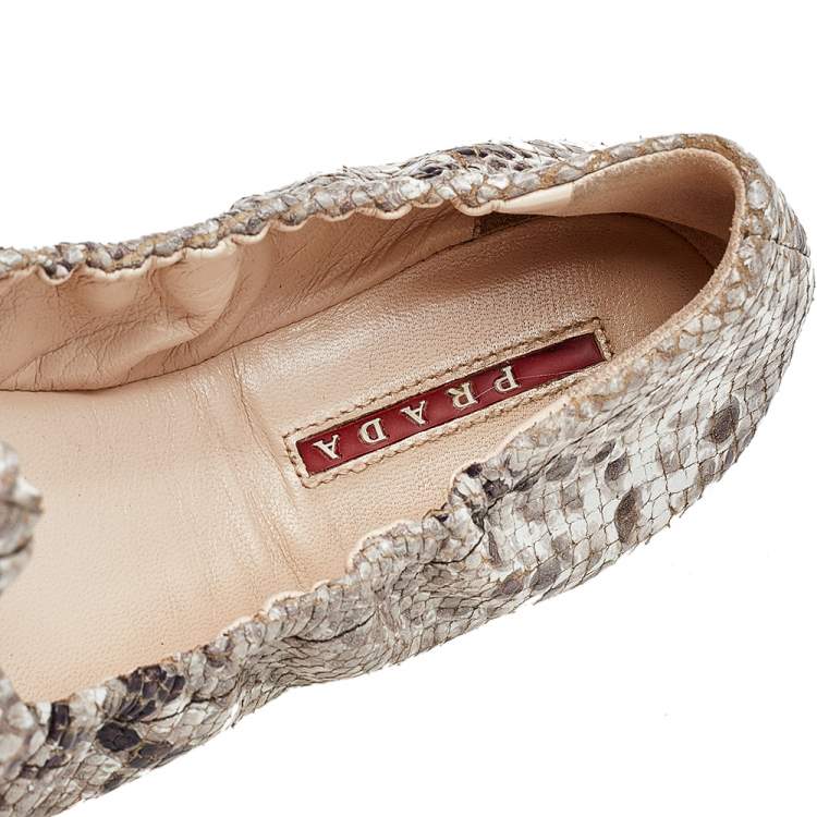 Pre Owned Prada Python Embossed Leather Scrunch Bow Ballet Flats Size 37
