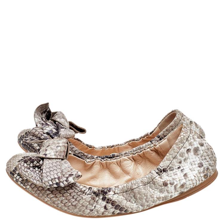 Pre Owned Prada Python Embossed Leather Scrunch Bow Ballet Flats Size 37