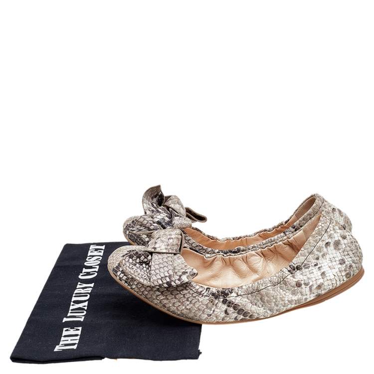 Pre Owned Prada Python Embossed Leather Scrunch Bow Ballet Flats Size 37