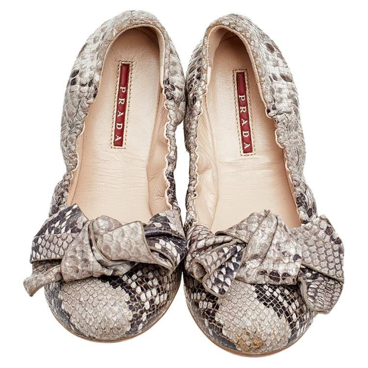 Pre Owned Prada Python Embossed Leather Scrunch Bow Ballet Flats Size 37