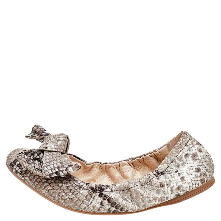 Pre Owned Prada Python Embossed Leather Scrunch Bow Ballet Flats Size 37