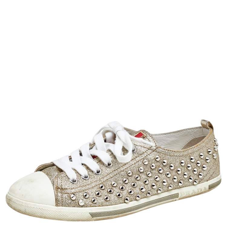 Prada Gold /White Glitter And Leather Stud Embellished Sneakers Size   Prada | TLC