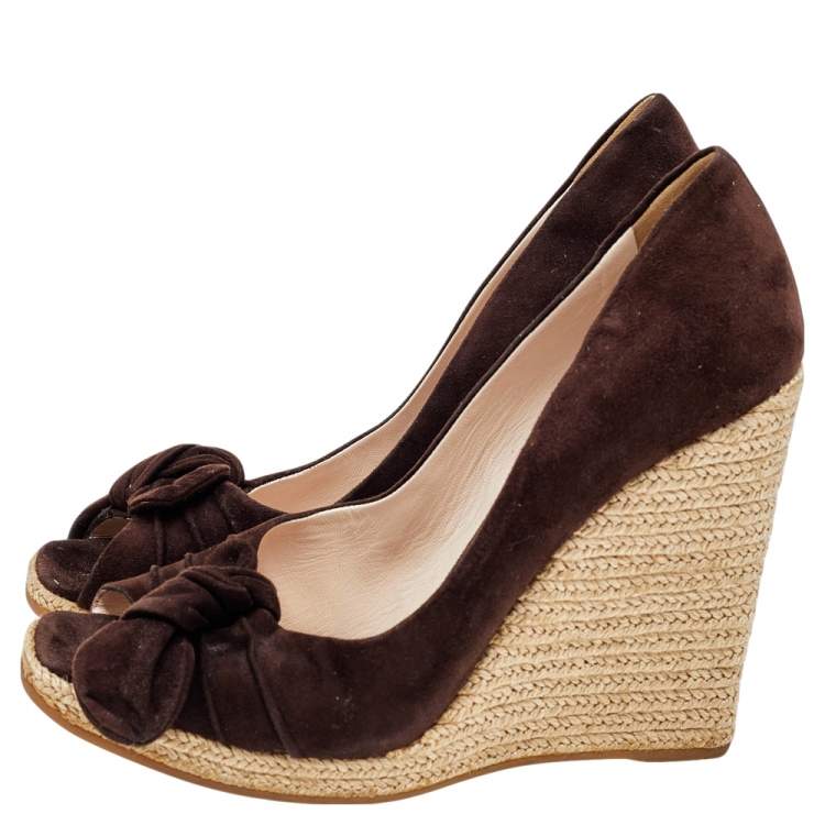 Pre Owned Prada Brown Suede Bow Wedge Espadrille Pumps Size 37.5