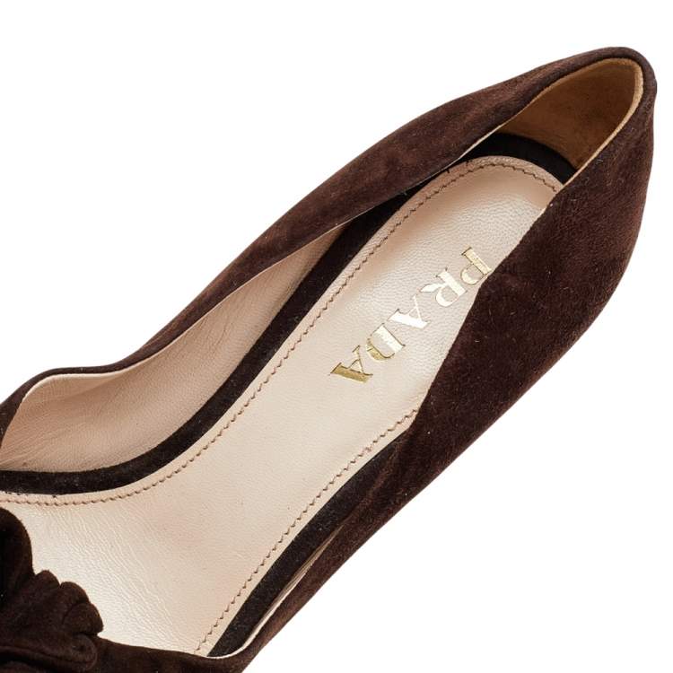 Pre Owned Prada Brown Suede Bow Wedge Espadrille Pumps Size 37.5