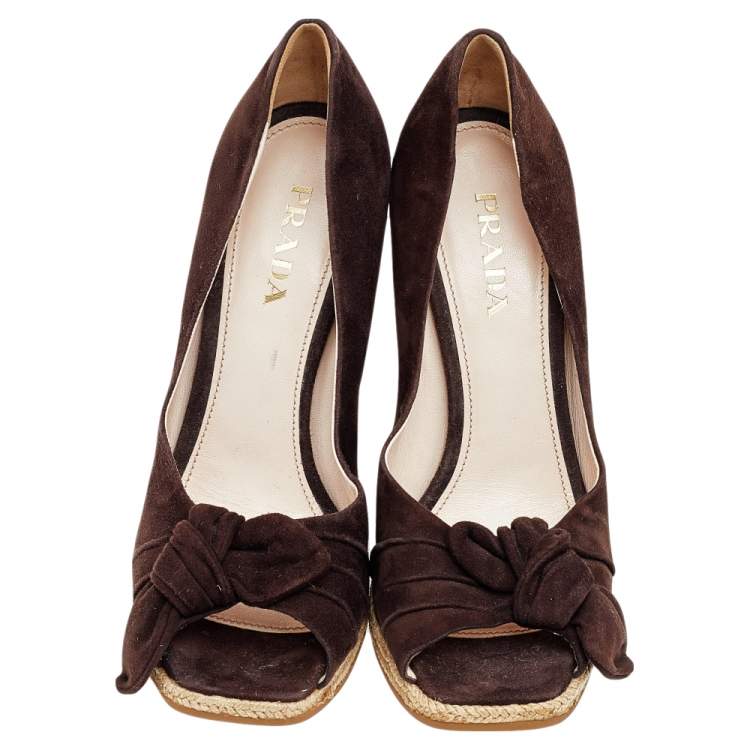 Pre Owned Prada Brown Suede Bow Wedge Espadrille Pumps Size 37.5
