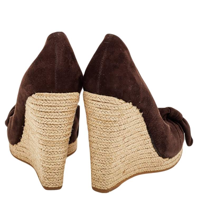 Pre Owned Prada Brown Suede Bow Wedge Espadrille Pumps Size 37.5