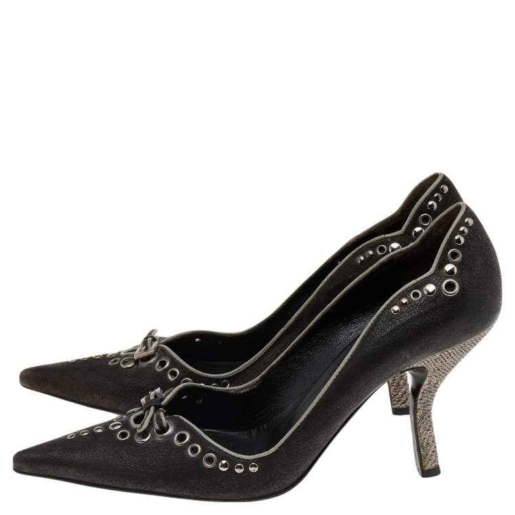 Pre Owned Prada Dark Brown Leather Bow Pointed Toe Pumps Size 37.5