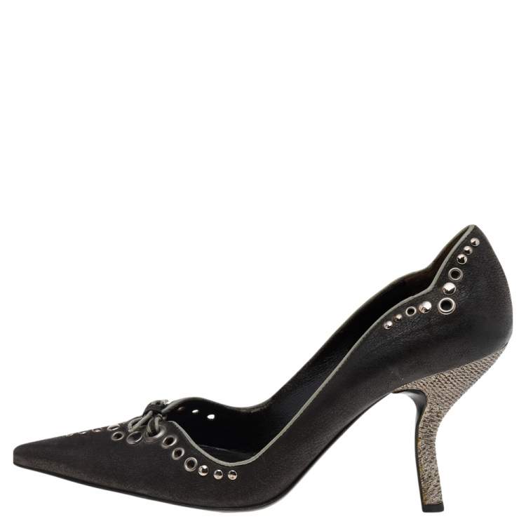 Pre Owned Prada Dark Brown Leather Bow Pointed Toe Pumps Size 37.5