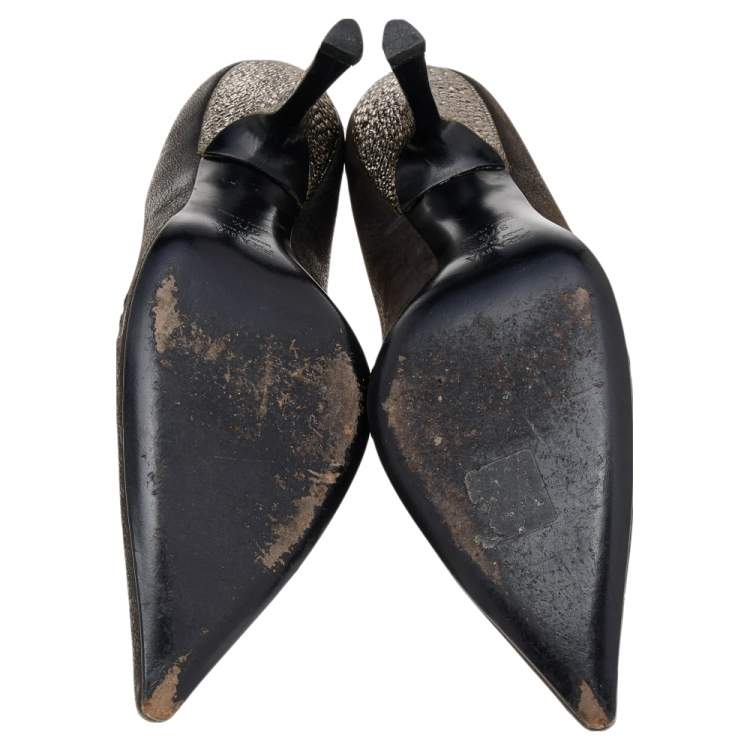 Pre Owned Prada Dark Brown Leather Bow Pointed Toe Pumps Size 37.5