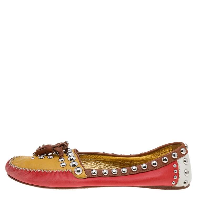 Pre Owned Prada Multicolor Leather Embellished Slip on Loafers Size 38.5
