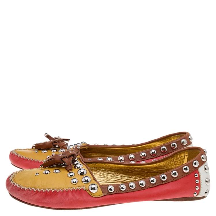 Pre Owned Prada Multicolor Leather Embellished Slip on Loafers Size 38.5