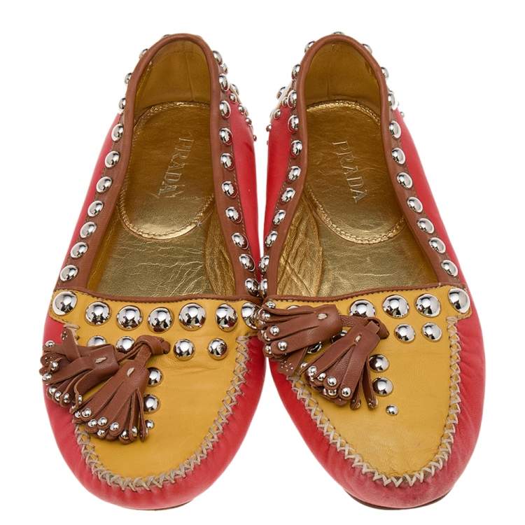 Pre Owned Prada Multicolor Leather Embellished Slip on Loafers Size 38.5