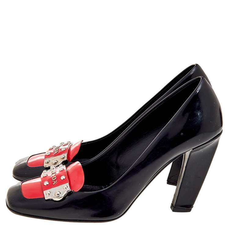 Pre Owned Prada Black/Coral Pink Patent Leather Block Heel Pumps Size 37.5