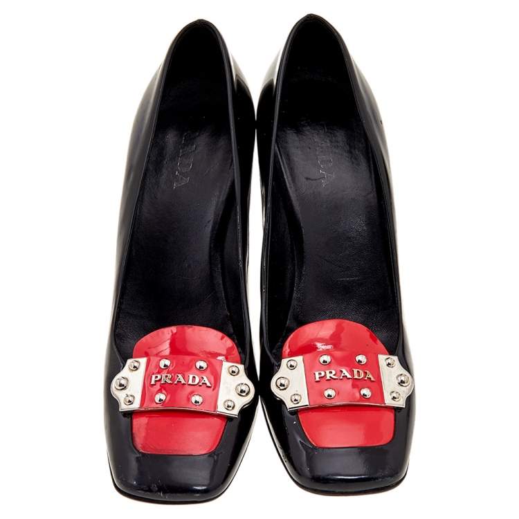 Pre Owned Prada Black/Coral Pink Patent Leather Block Heel Pumps Size 37.5