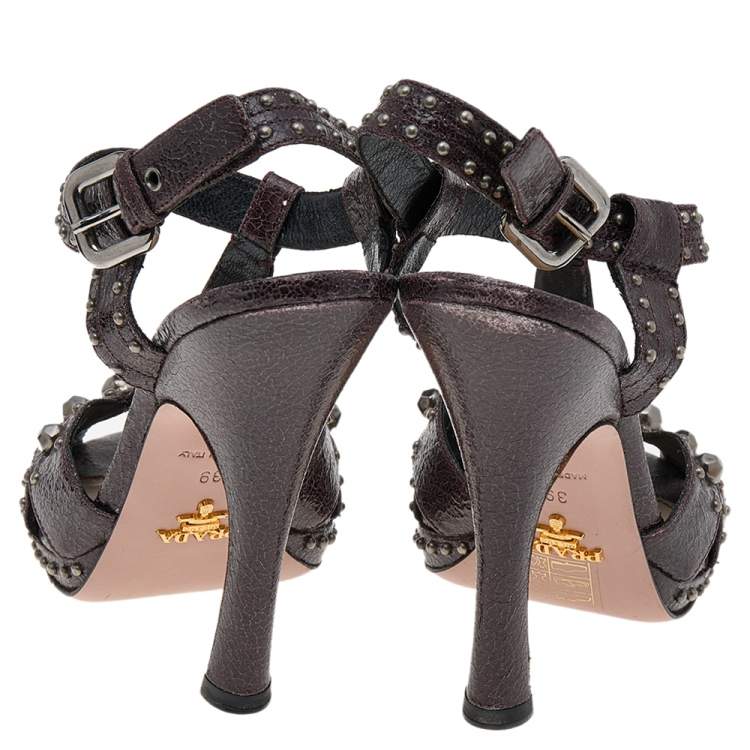 Pre Owned Prada Dark Brown Leather Studded Ankle Strap Sandals Size 39