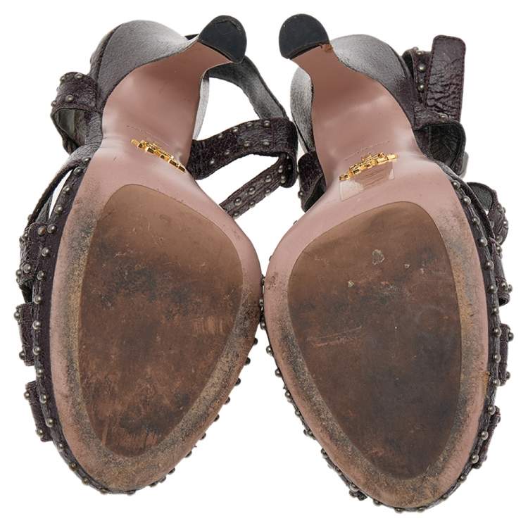 Pre Owned Prada Dark Brown Leather Studded Ankle Strap Sandals Size 39