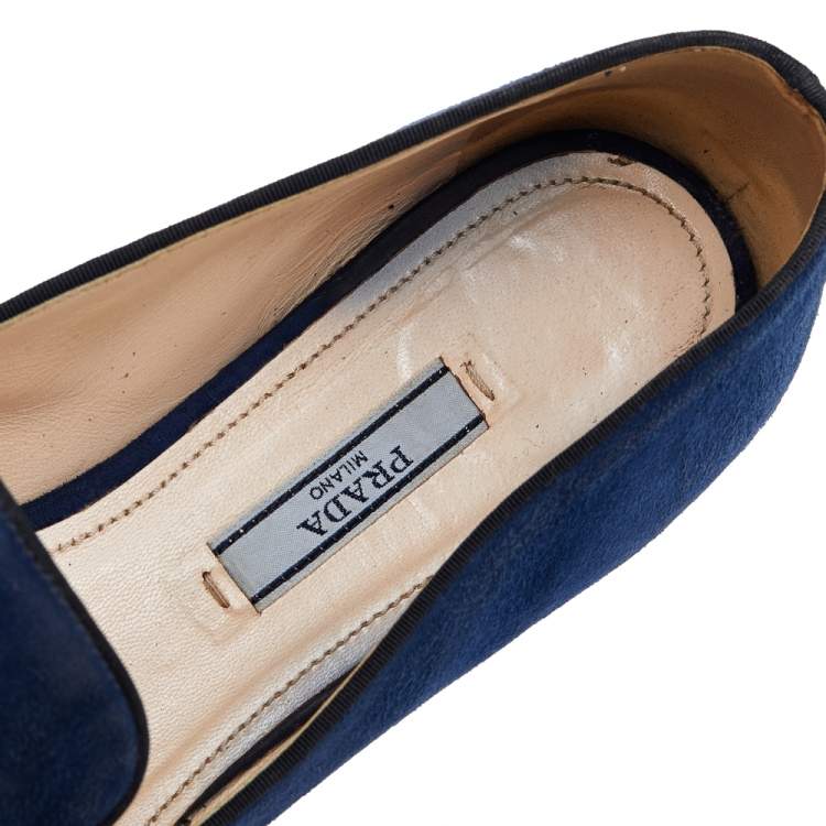 Pre Owned Prada Blue/Black Suede and Fabric Bow Smoking Slippers Size 37