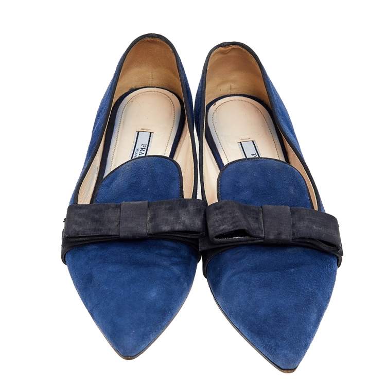 Pre Owned Prada Blue/Black Suede and Fabric Bow Smoking Slippers Size 37