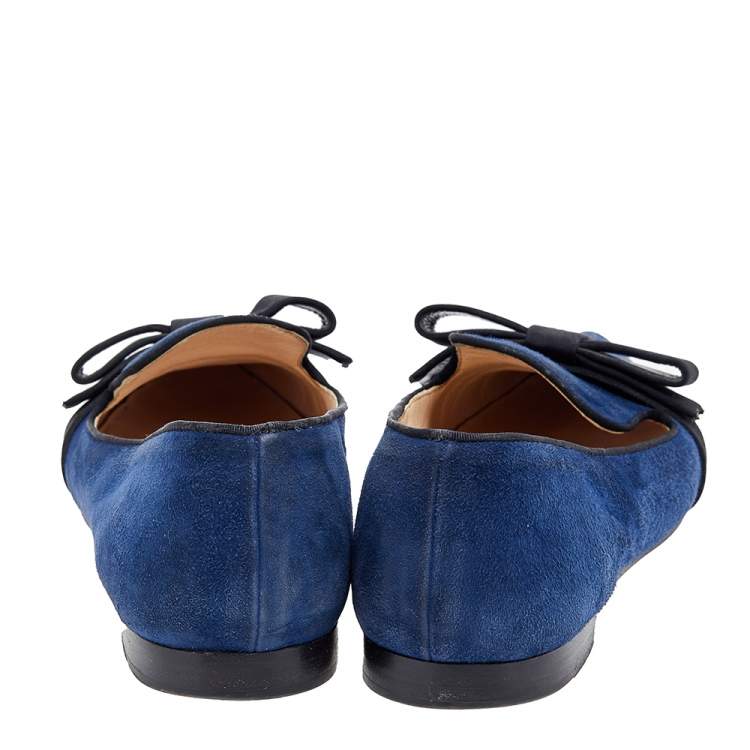 Pre Owned Prada Blue/Black Suede and Fabric Bow Smoking Slippers Size 37