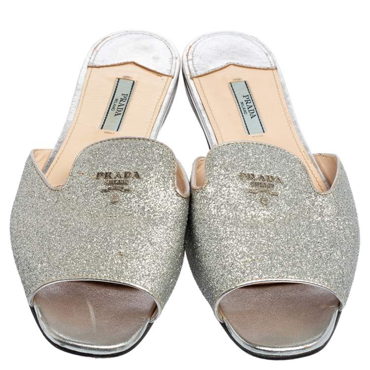 Prada Metallic Silver Glitter Flat Slides Size 38