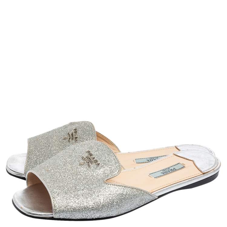Prada Metallic Silver Glitter Flat Slides Size 38
