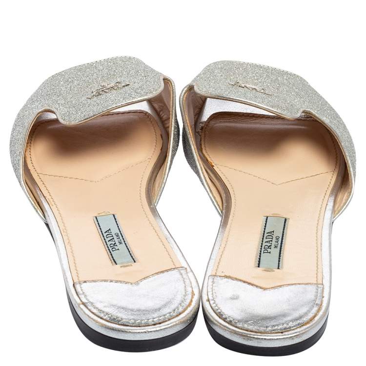 Prada Metallic Silver Glitter Flat Slides Size 38