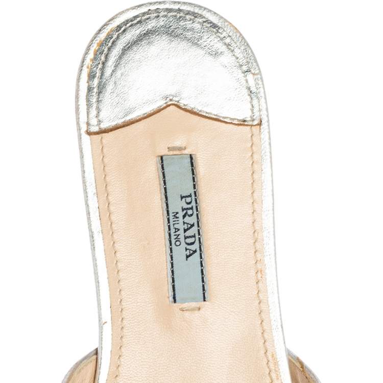 Prada Metallic Silver Glitter Flat Slides Size 38