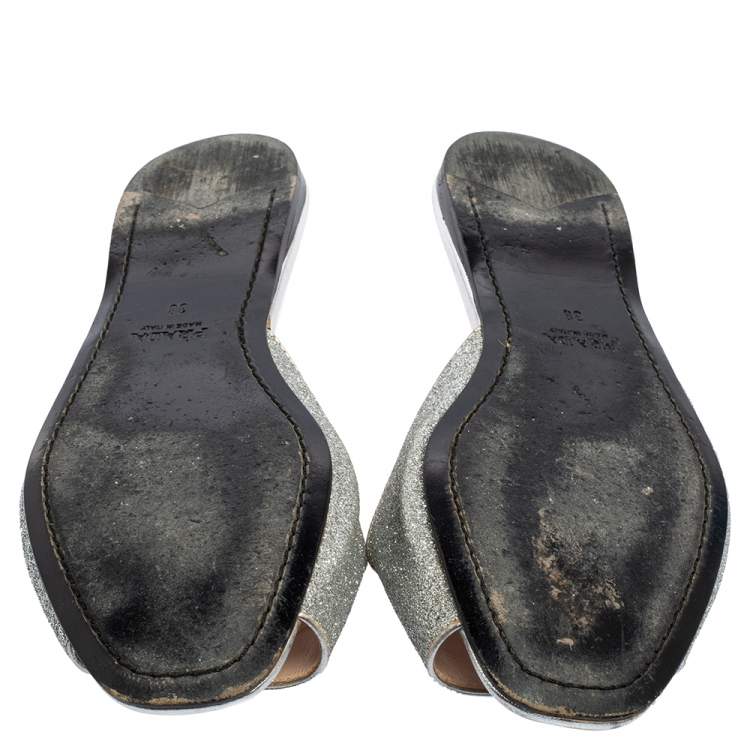 Prada Metallic Silver Glitter Flat Slides Size 38