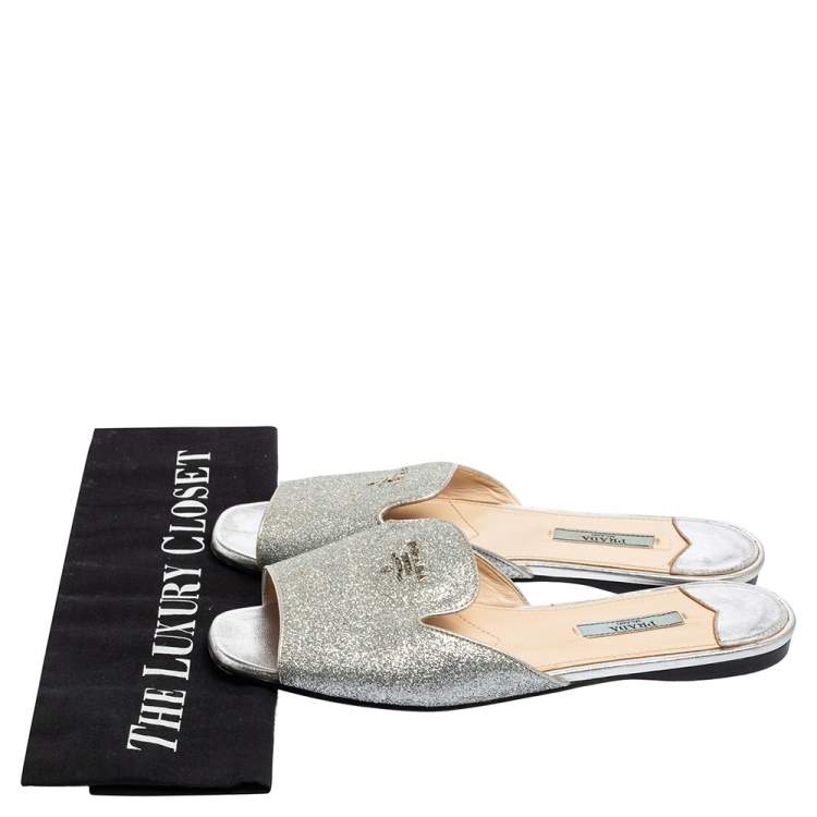 Prada Metallic Silver Glitter Flat Slides Size 38