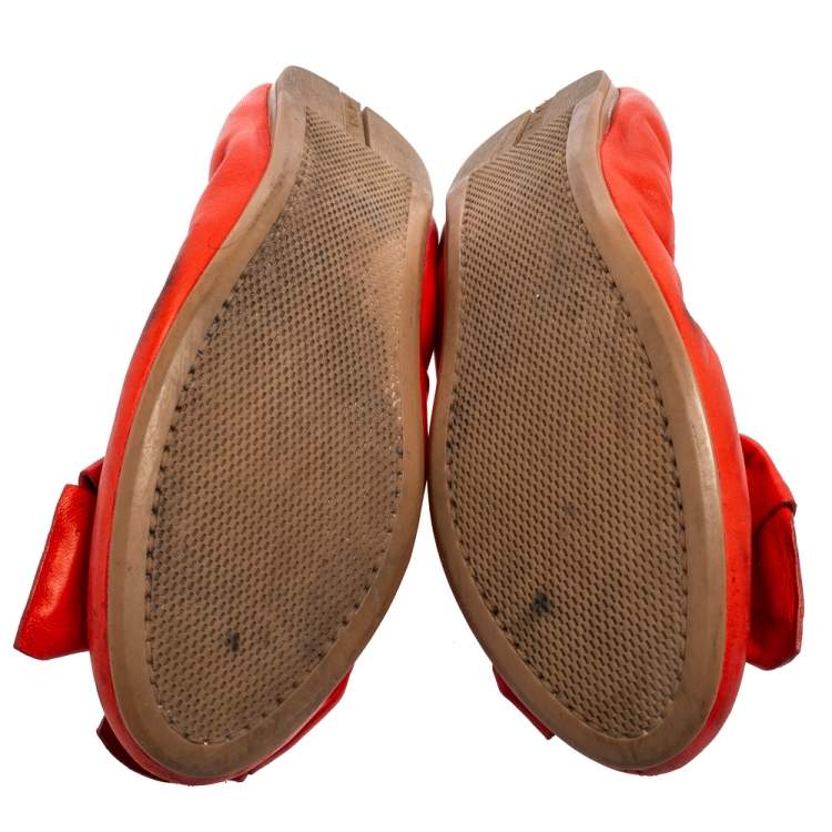 Pre Owned Prada Coral Red Leather Bow Logo Scrunch Ballet Flats Size 38
