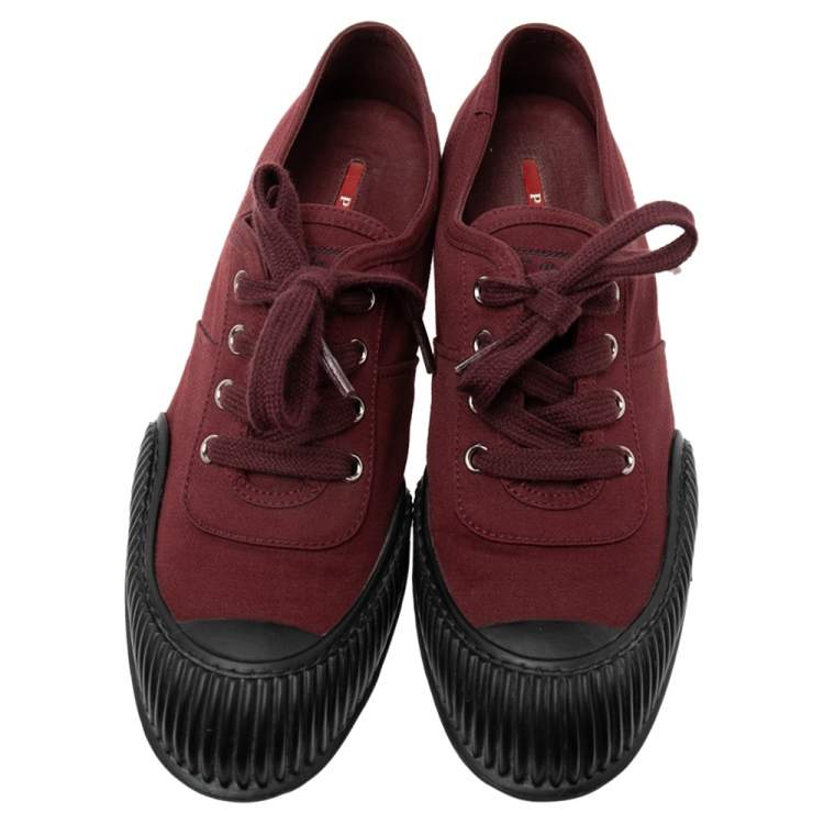 Pre Owned Prada Burgundy Canvas Cap Toe Sneakers Size 37.5