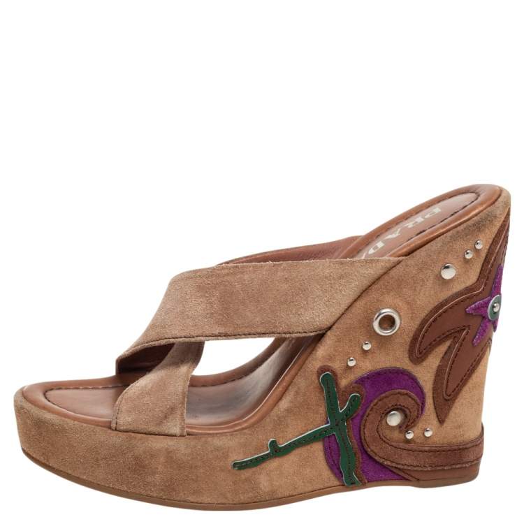 Pre Owned Prada Brown Suede Applique Wedge Platform Sandals Size 37