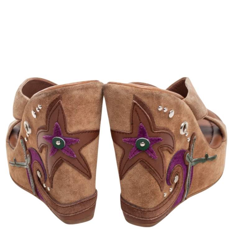 Pre Owned Prada Brown Suede Applique Wedge Platform Sandals Size 37