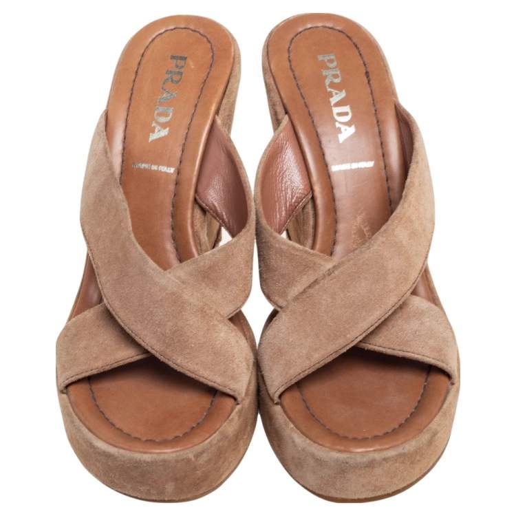 Pre Owned Prada Brown Suede Applique Wedge Platform Sandals Size 37