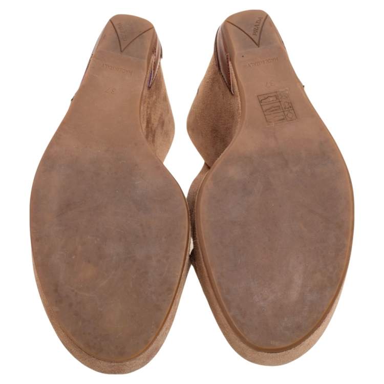 Pre Owned Prada Brown Suede Applique Wedge Platform Sandals Size 37