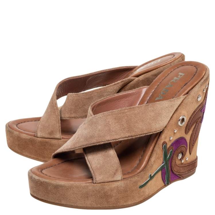 Pre Owned Prada Brown Suede Applique Wedge Platform Sandals Size 37