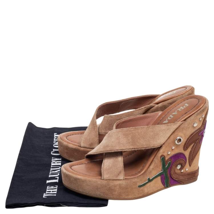 Pre Owned Prada Brown Suede Applique Wedge Platform Sandals Size 37