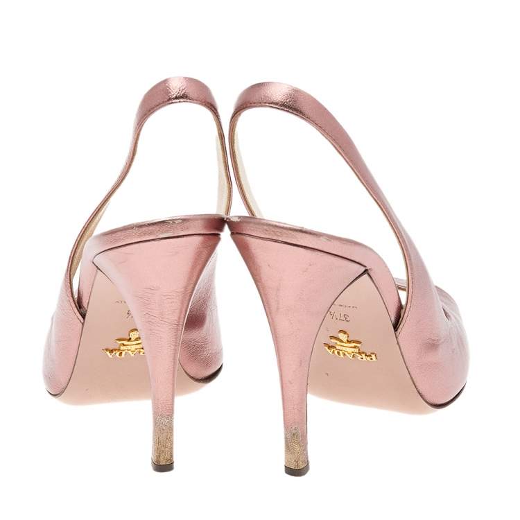 Pre Owned Prada Metallic Pink Leather Peep Toe Slingback Sandals Size 37.5
