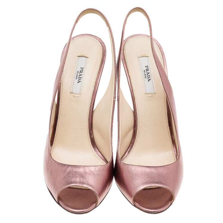 Pre Owned Prada Metallic Pink Leather Peep Toe Slingback Sandals Size 37.5
