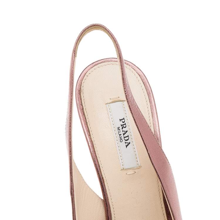 Pre Owned Prada Metallic Pink Leather Peep Toe Slingback Sandals Size 37.5