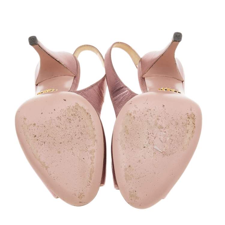Pre Owned Prada Metallic Pink Leather Peep Toe Slingback Sandals Size 37.5