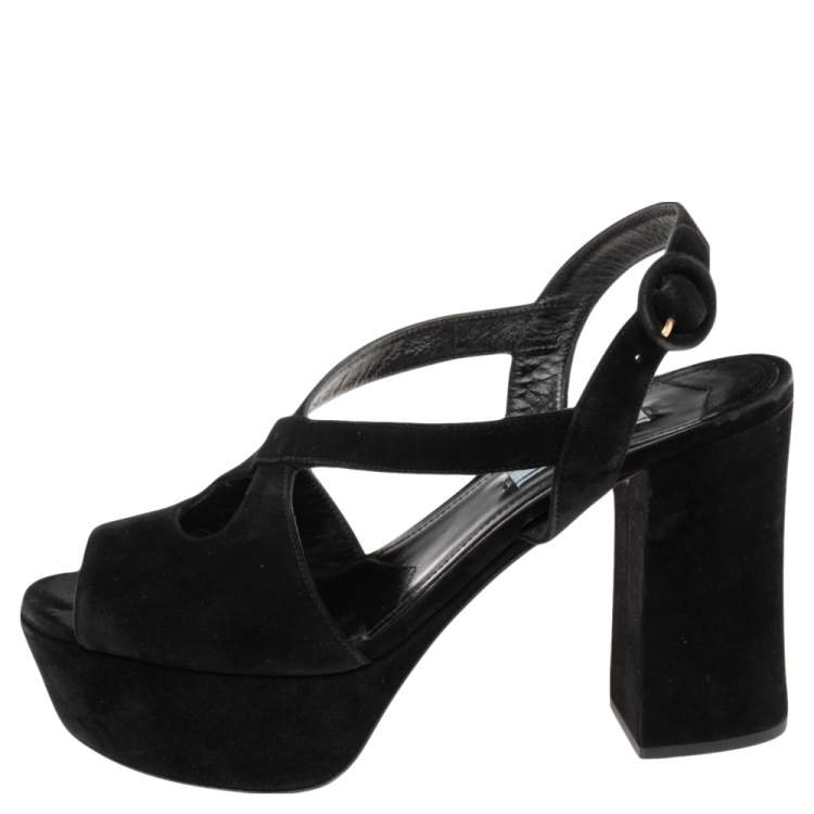 Prada Black Suede Ankle Strap Platform Block Heel Sandals Size 39